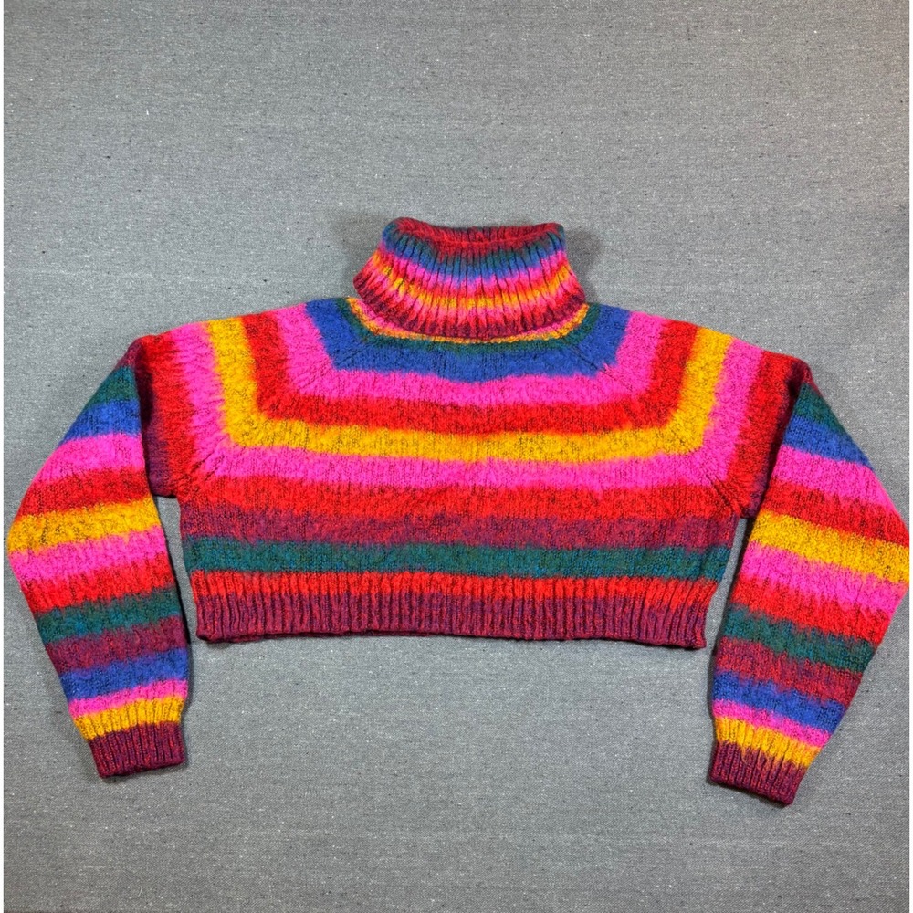 UNIF Rainbow Striped Cropped Turtleneck Sweater Multicolor Knit XS - Picture 7 of 7